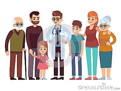 Family doctor. Big happy health family with therapist, patients parents kids healthcare professional service, flat Vector Illustration