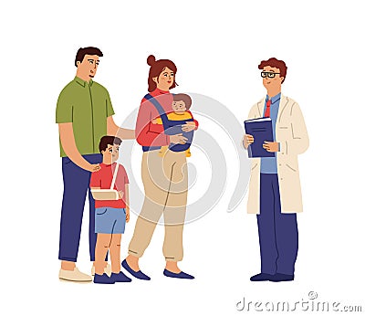 Family doctor. Clinical consulting, medical person with patients. Pediatric help, medicine swanky care for kids adults Vector Illustration