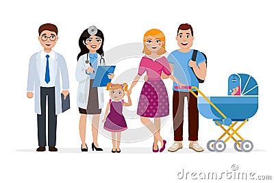 Family doctor and healthy family cartoon characters concept illustration in flat design. Two doctors and young family Vector Illustration
