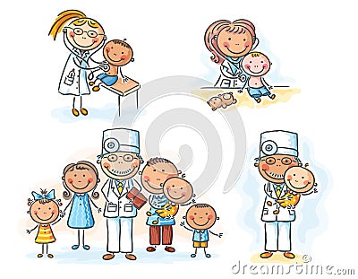 Family doctor with his patients, cartoon graphics, illustration Vector Illustration