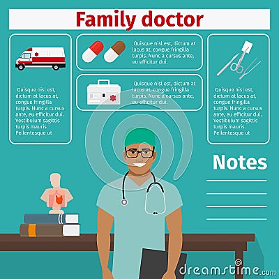 Family doctor and medical equipment icons Vector Illustration