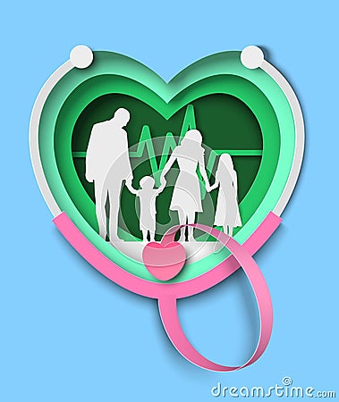 Family doctor paper cut poster with stethoscope and heart Vector Illustration