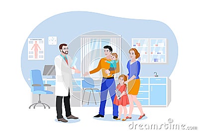 Family doctor with patients in hospital office. Vector flat cartoon illustration. Medical consultation of pediatrician Vector Illustration