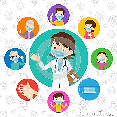 Family and Doctor wearing protective Medical mask from virus covid-19 Vector Illustration