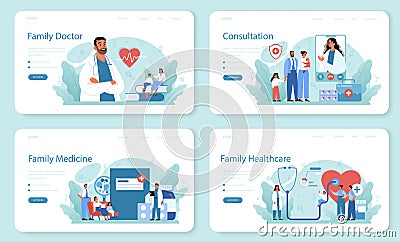 Family doctor web banner or landing page set. Healthcare, modern medicine Vector Illustration