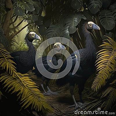 A family of dodo birds walking through a thicket of trees Cartoon Illustration