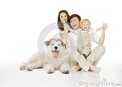 Family and dog, happy smiling father mother and laughing child Stock Photo