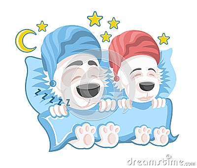 Family of dogs, man and woman sleeping in the bed clothed in nightcaps in cartoon style on white Vector Illustration