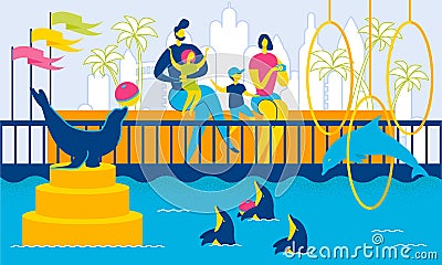 Family in Dolphinarium Animals Swim and Play Ball. Vector Illustration