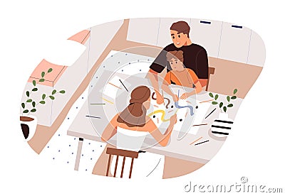 Family drawing picture on paper vector flat illustration. Mother, father and son enjoying art activity holding colorful Vector Illustration