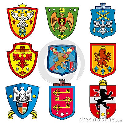Family dynasty medieval royal coat of arms on shield vector set Vector Illustration