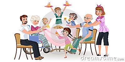 Family eating dinner at home, happy people eat food together, mom and dad treat grandfather sitting by dining table Vector Illustration