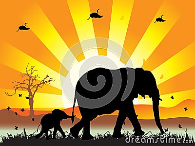 Family of elephants on nature Vector Illustration