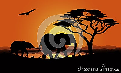 a family of elephants at sunset in Africa. Silhouettes. cartoon vector illustration Cartoon Illustration