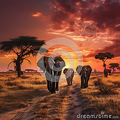 family of elephants walking at sunset Stock Photo