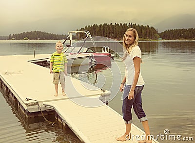 Family enjoying the day at a picturesque lake Stock Photo