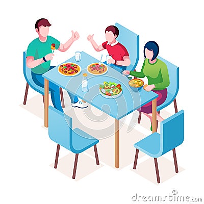 Family enjoying meal or dinner, lunch at table Vector Illustration