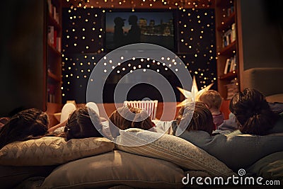 Family Enjoying Movie Night At Home Together Stock Photo