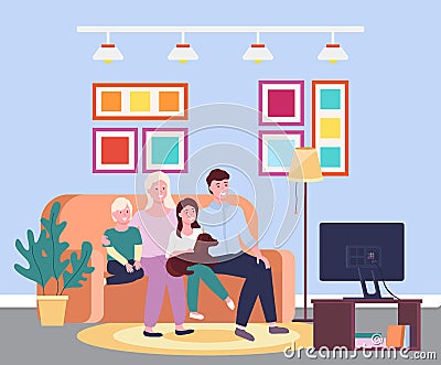 Family evening at the tv. Four member family smiling sitting io the sofa in front of the televisor Vector Illustration