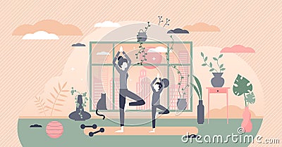 Family exercise vector illustration. Sport workout flat tiny persons concept Vector Illustration