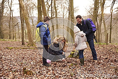 Family exploring nature together in a wood Stock Photo