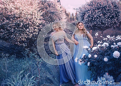 Family fairy photo shoot. Two blond women with wavy hair in luxurious, fabulous, blue dresses against the backdrop of Stock Photo