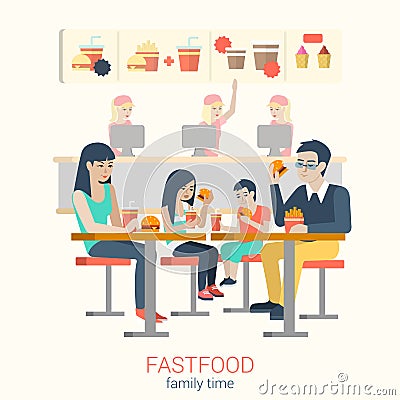 Family in fastfood cafe eating burger fries: flat vector food Vector Illustration