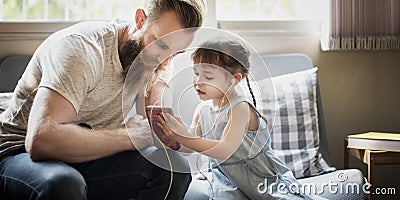 Family Father Daughter Love Parenting Listening Music Togetherness Concept Stock Photo
