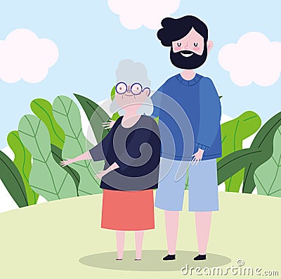 Family father hugging at grandmother together cartoon character Vector Illustration