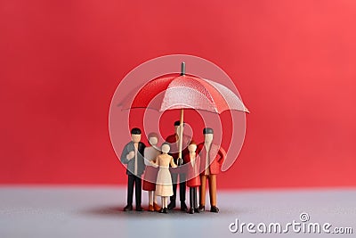 Family figurine under red umbrella, business concept Generative AI Stock Photo