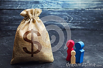 Family figurines and dollar money bag. Social assistance and support. Income level, budget. High debt. Social research, consumer Stock Photo