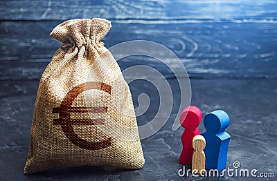 Family figurines and euro money bag. Income level, budget. High debt. Social research, consumer preferences. Segmentation. Stock Photo