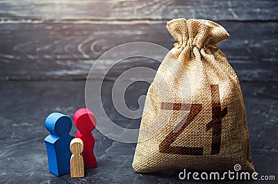 Family figurines and polish zloty money bag. Social assistance and support. Income level, budget. High debt. Social research, Stock Photo