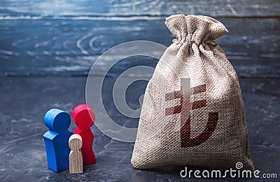 Family figurines and turkish lira money bag. Social assistance and support. Income level, budget. High debt. Segmentation. Stock Photo