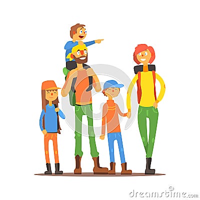 Family Of Five Travelers Vector Illustration