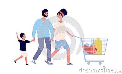 Family food shopping. Man woman boy with cart. Flat grocery store customers, isolated people with fresh products vector Vector Illustration