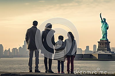 Family of four watching Statue of Liberty in New York City, USA, A family of immigrants looking at the Statue of Liberty, AI Stock Photo