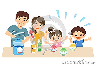 Family-friendly summer. Parents, sons and daughters, and the whole family smile and make shaved ice. Vector Illustration