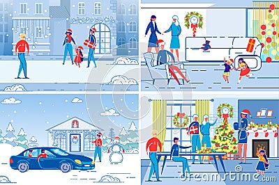 Family and Friends Celebrating Christmas Together. Vector Illustration