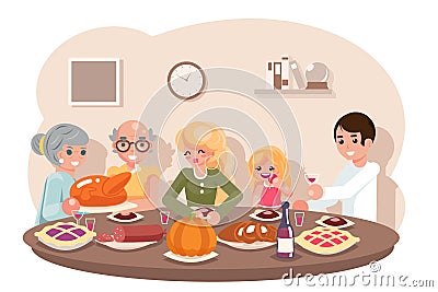 Family friends eat meal pie turkey pumpkin thanksgiving celebration flat design vector illustration Vector Illustration