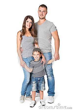 Family Full Length Portrait, Mother Father and Child on White Stock Photo