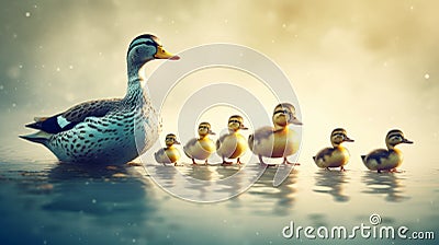 family of funny ducks, mother duck with ducklings, illustration Cartoon Illustration