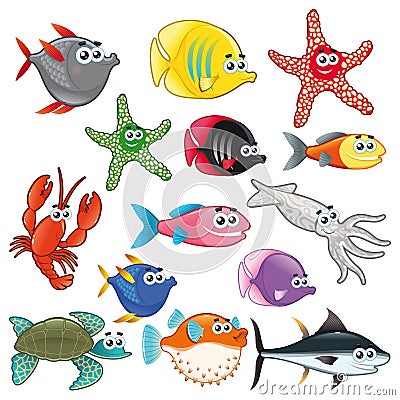 Family of funny fish. Vector Illustration