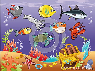 Family of funny fish under the sea. Vector Illustration