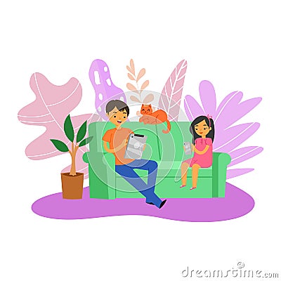 Family game gadgets, fun people, happy nearby, young father playing child together, design cartoon style vector Vector Illustration