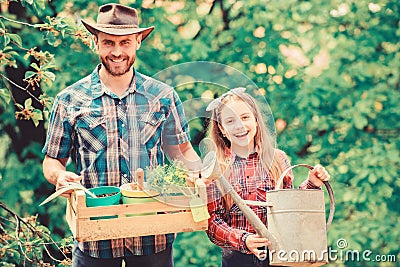 Family garden. Maintain garden. Planting flowers. Family dad and daughter planting plants. Transplanting vegetables from Stock Photo