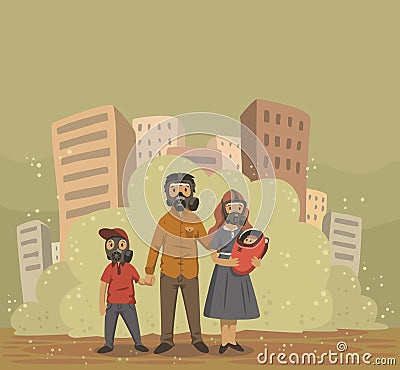 Family in gas masks on smog city background. Environmental problems, air pollution. Flat vector illustration. Vector Illustration