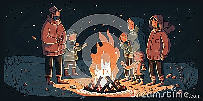 family gathered around a bonfire on a snowy evening Cartoon Illustration