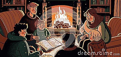 family gathered around a warm and cozy fireplace in their living room on a snowy winter evening Cartoon Illustration