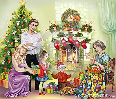 The family gathered at the fireplace with presents for Christmas Stock Photo